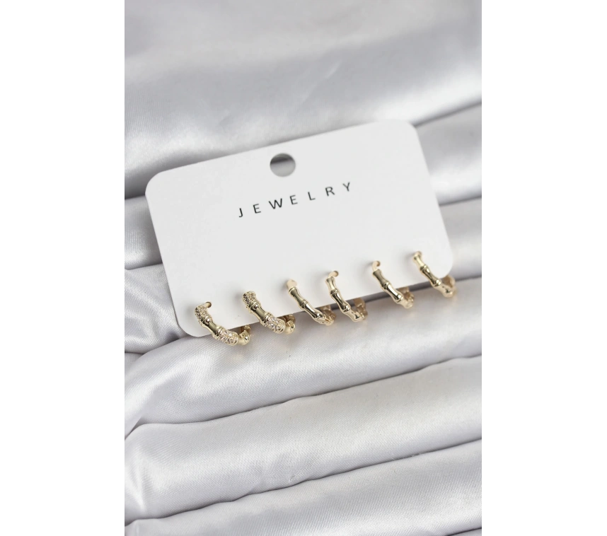 Gold Renk Pirinç Kemik Model 3 Çift Kadın Küpe Seti