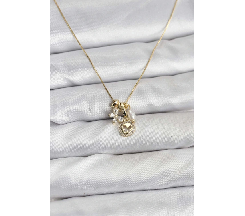 Gold Renk Pirinç Minimal Kelebek Charmlı Kadın Kolye