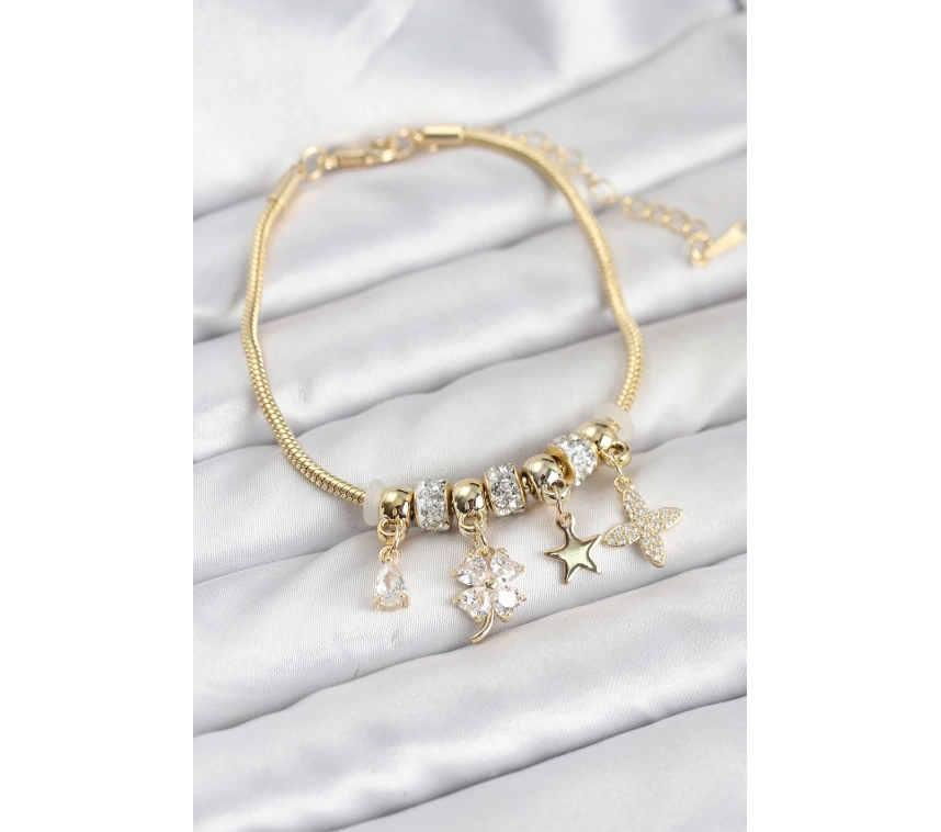 Gold Renk Pirinç Yonca Charmlı Kadın Bileklik