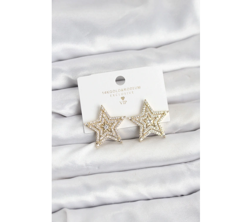 Gold Renk Pirinç Zirkon Taşlı Yıldız Model Kadın Küpe