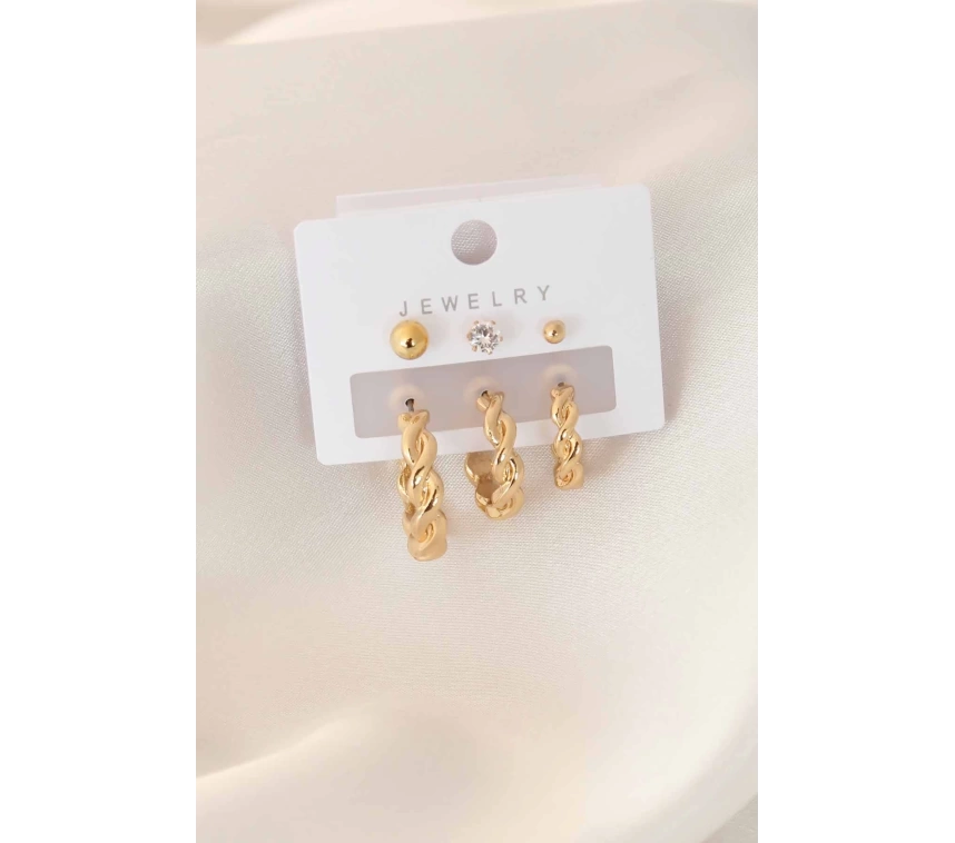 Gold Renk Sarmal Halka Zirkon Taş Detay Kadın Küpe Seti