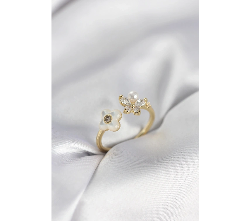 Gold Renk Sedefli Çiçek Model Kadın Yüzük