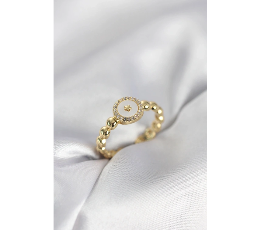 Gold Renk Sedefli Yıldız Model Zirkon Taşlı Kadın Yüzük