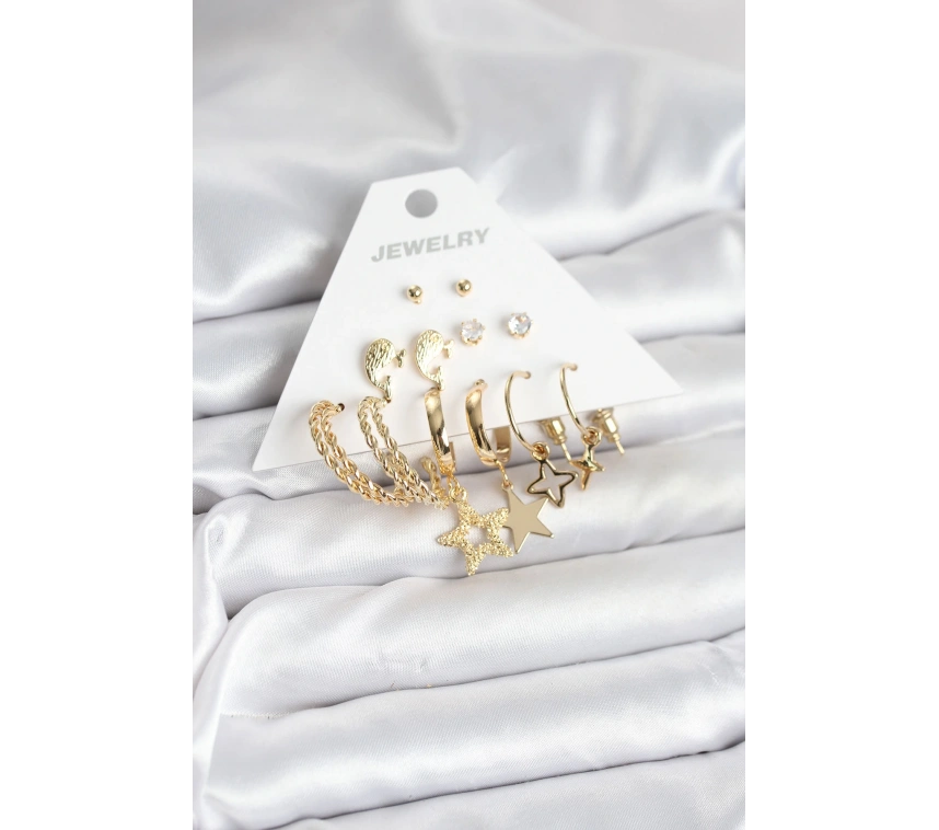 Gold Renk Yıldızlı Set 6 Çift Kadın Küpe Seti