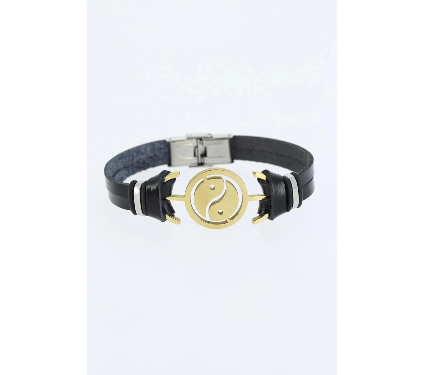 Gold Renk Yin Yang Figürlü Metal Aksesuarlı Siyah Renk Deri Erkek Bileklik