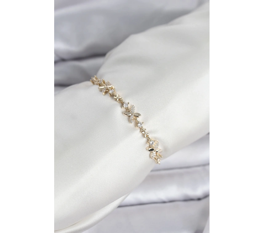 Gold Renk Yonca Model Zirkon Taşlı Asansörlü Kadın Bileklik