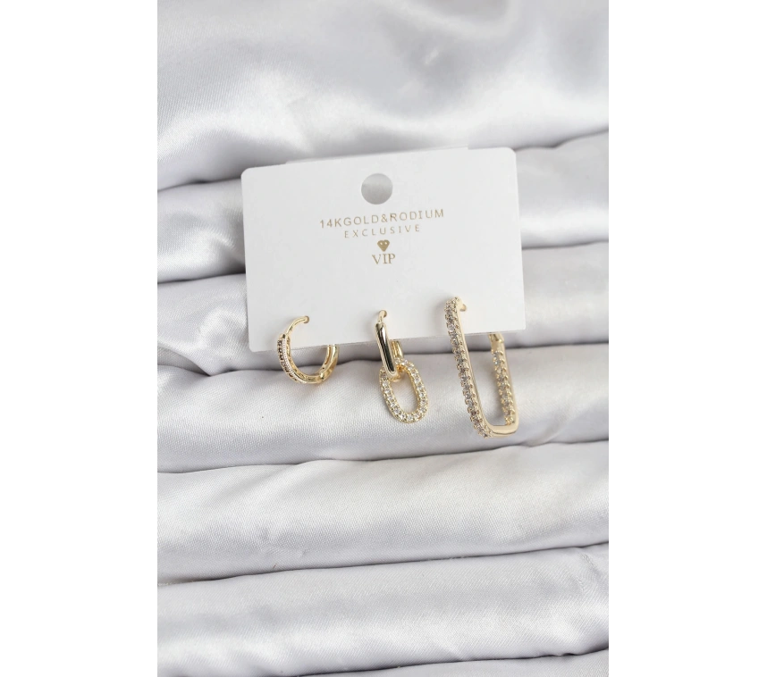 Gold Renk Zirkon Taşlı 3lü Kadın Küpe Seti