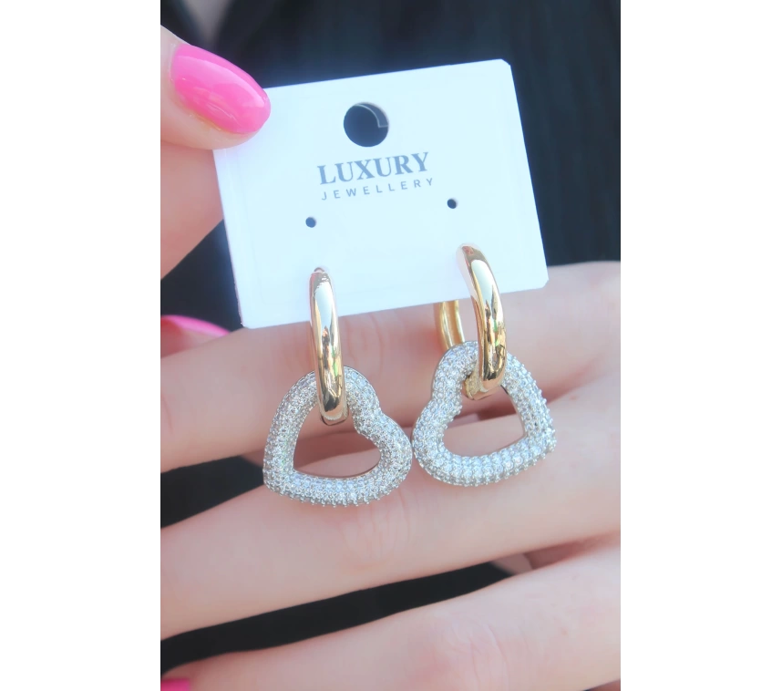 Gold Renk Zirkon Taşlı Halka Kalp Model Pirinç Kadın Küpe