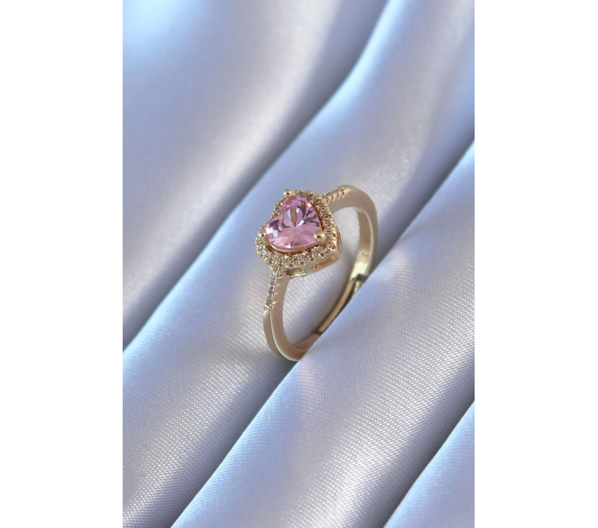 Gold Renk Zirkon Taşlı Kalp Model Pirinç Charm Kadın Yüzük