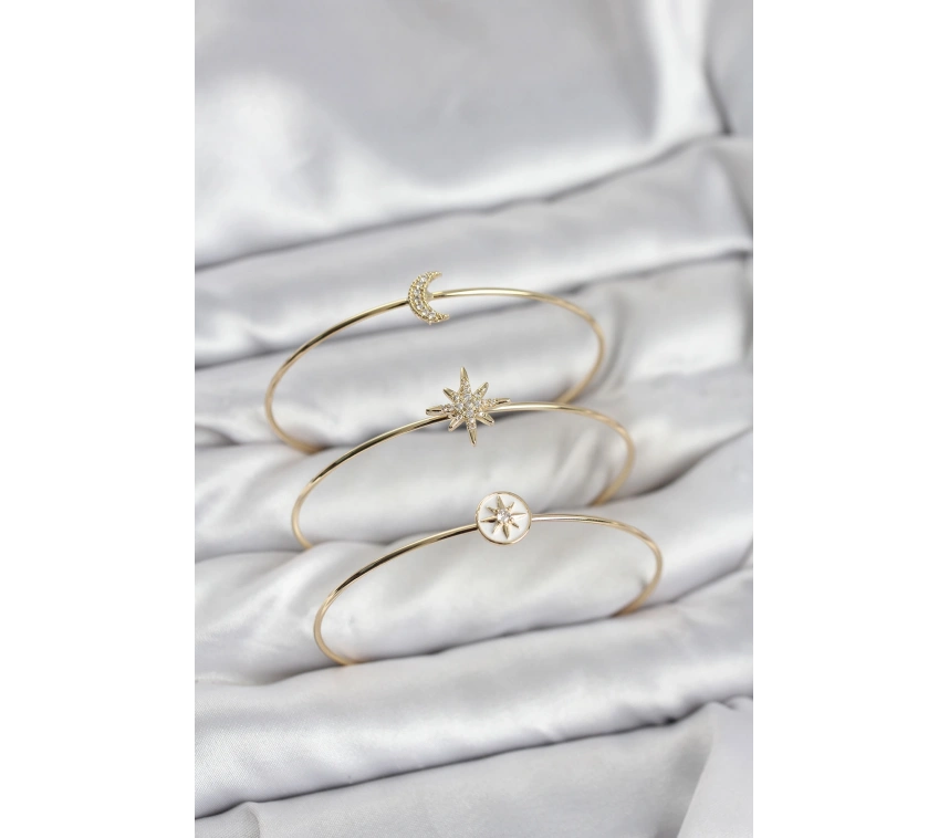 Gold Renk Zirkon Taşlı Kutup Yıldızı Model 3lü Kadın Bileklik Kombini