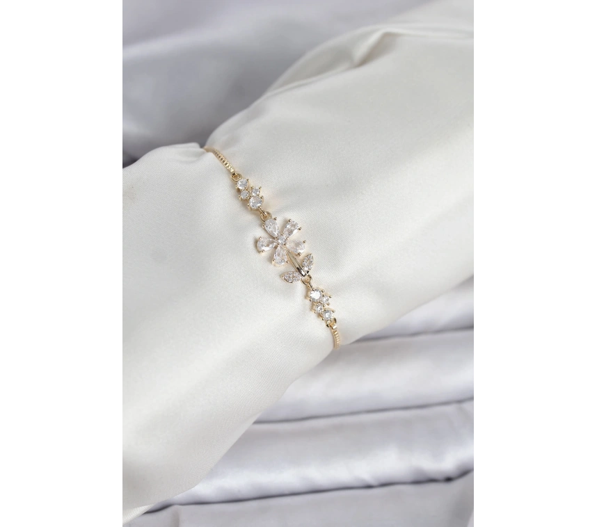 Gold Renk Zirkon Taşlı Papatya Model Asansörlü Kadın Bileklik