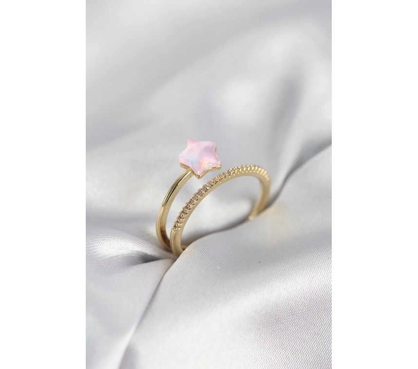 Gold Renk Zirkon Taşlı Pembe Halley Model Kadın Yüzük