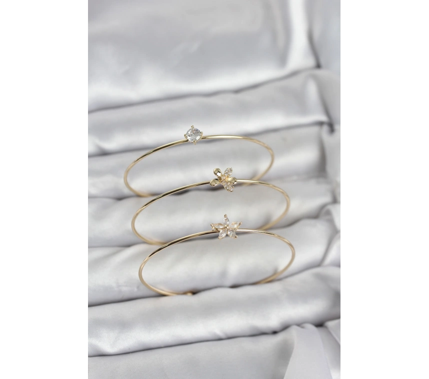 Gold Renk Zirkon Taşlı Pirinç 3lü Kadın Bileklik Kombini