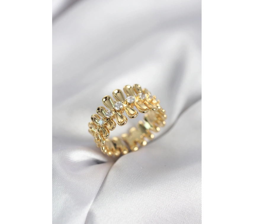 Gold Renk Zirkon Taşlı Sıralı Damla Model Kadın Yüzük
