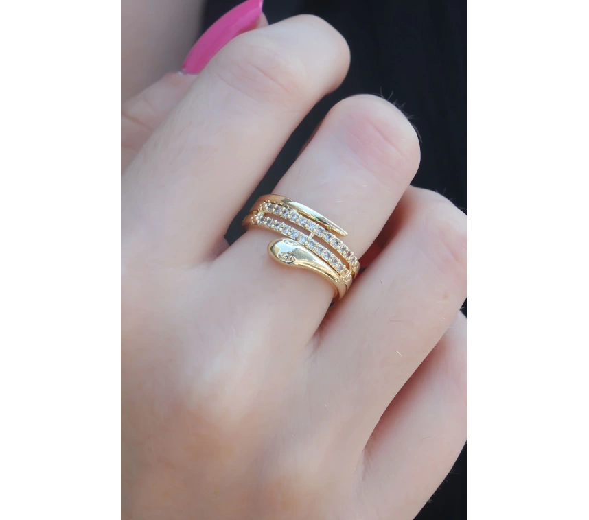 Gold Renk Zirkon Taşlı Yılan Model Kadın Yüzük