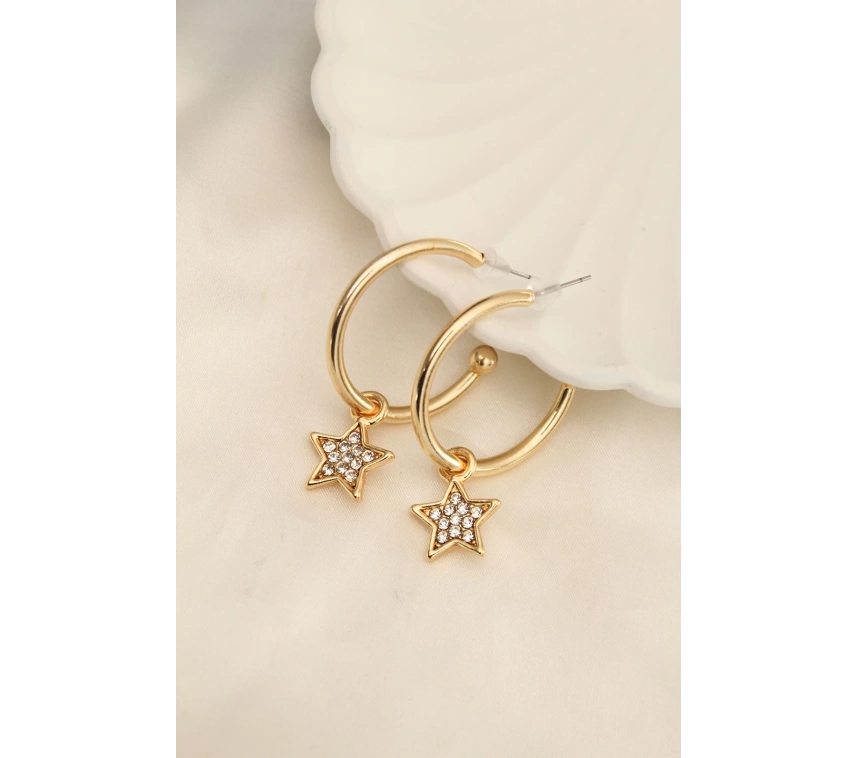 Gold Renk Zirkon Taşlı Yıldız Figürlü Halka Küpe