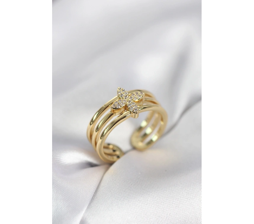Gold Renk Zirkon Taşlı Yonca Model Kadın Yüzük