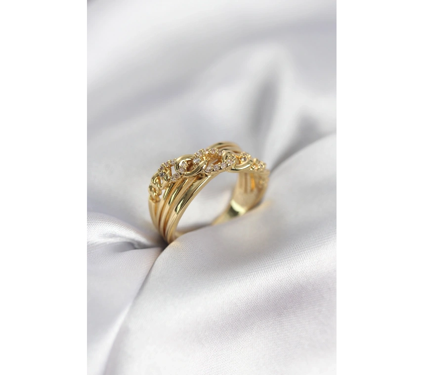 Gold Renk Zirkon Taşlı Zincir Model Kadın Yüzük