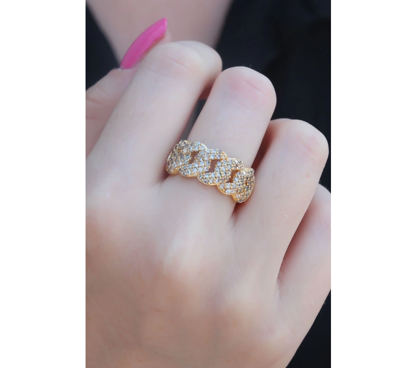 Gold Renk Zirkon Taşlı Zincir Model Kadın Yüzük