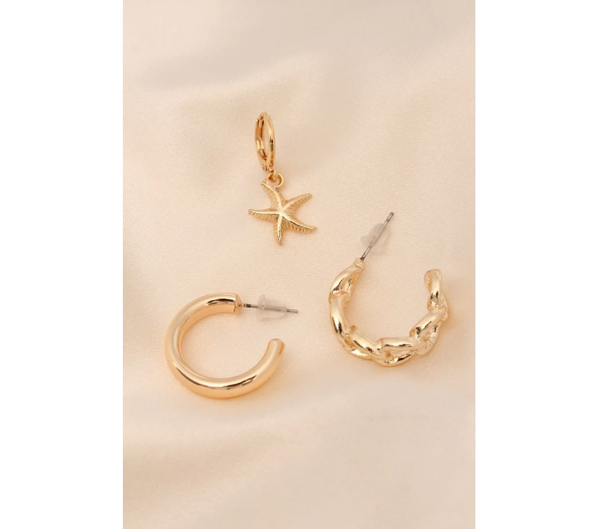 Gold Renkli Metal Minimal Deniz Yıldızı Burgu Detaylı Yarım Halka Küpe Seti