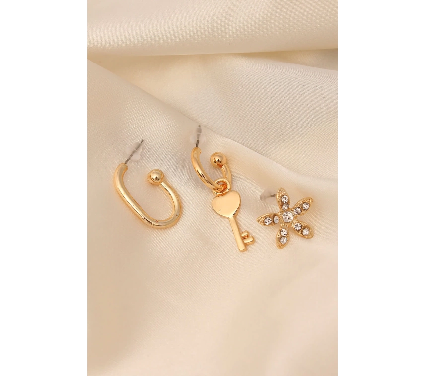 Gold Renkli Metal Zirkon Taşlı Kalpli Anahtar Detaylı Küpe Seti