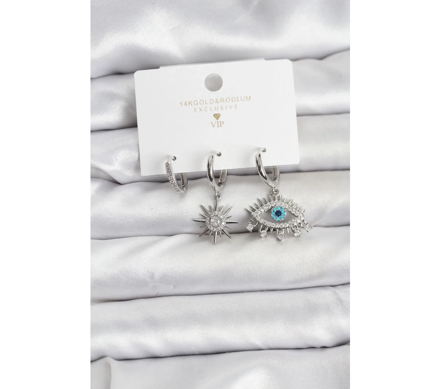 Göz Model Gümüş Renk Pirinç 3lü Kadın Küpe Seti