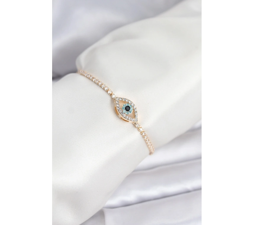 Göz Model Zirkon Taşlı Gold Renk Asansörlü Su Yolu Bileklik