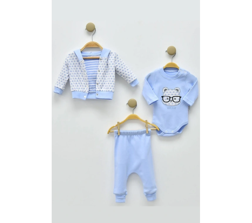 Gözlüklü Bear Puan Desenli 3lü Erkek Bebek Takımı