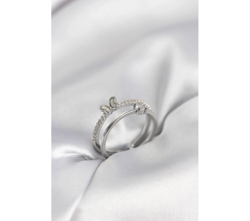 Gümüş Renk 2li Zirkon Taşlı Kelebek Model Kadın Yüzük