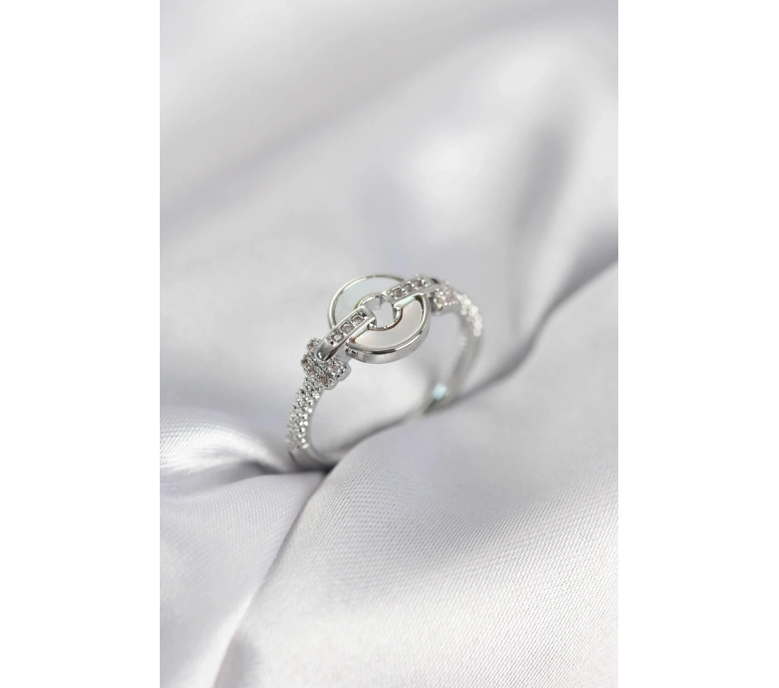 Gümüş Renk Daire Form Sedef ve Zirkon Taşlı Kadın Yüzük