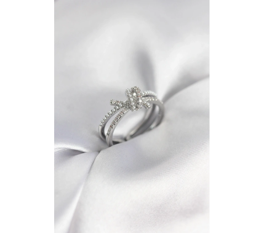 Gümüş Renk İncili Zirkon Taşlı Düğüm Kadın Yüzük