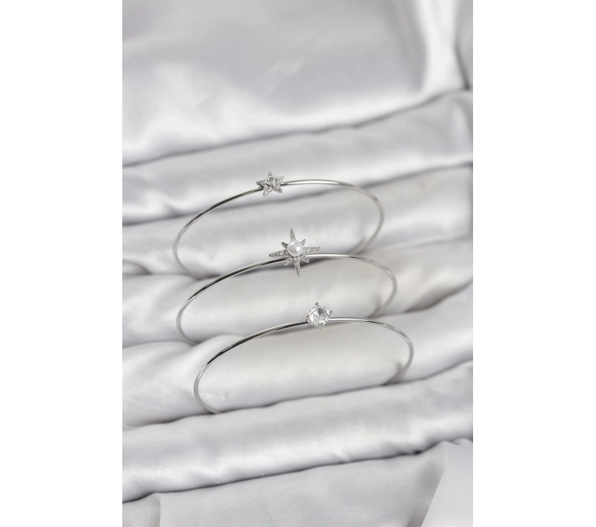 Gümüş Renk Kutup Yıldızı Model Zirkon Taşlı 3lü Kadın Bileklik Kombini