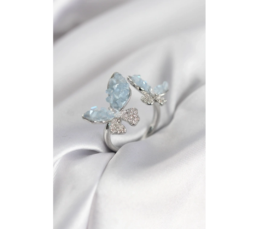 Gümüş Renk Mavi Kelebek Model Zirkon Taşlı Kadın Yüzük