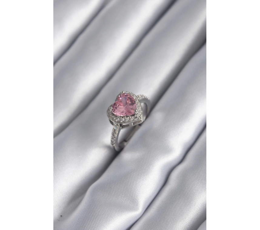 Gümüş Renk Pembe Zirkon Taşlı Charm Kalp Model Kadın Yüzük