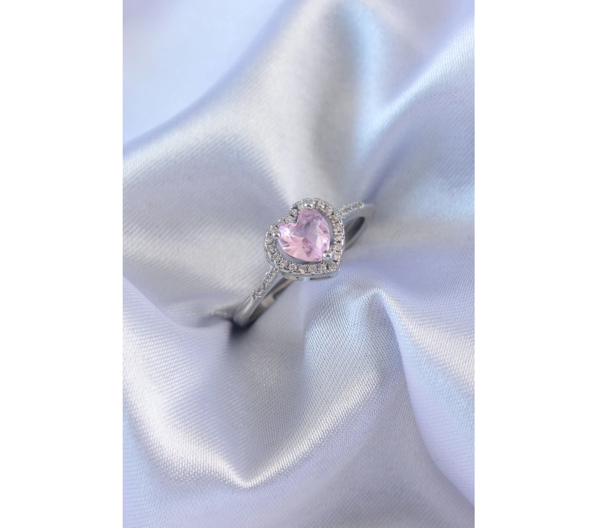 Gümüş Renk Pembe Zirkon Taşlı Kalp Charm Model Pirinç Kadın Yüzük