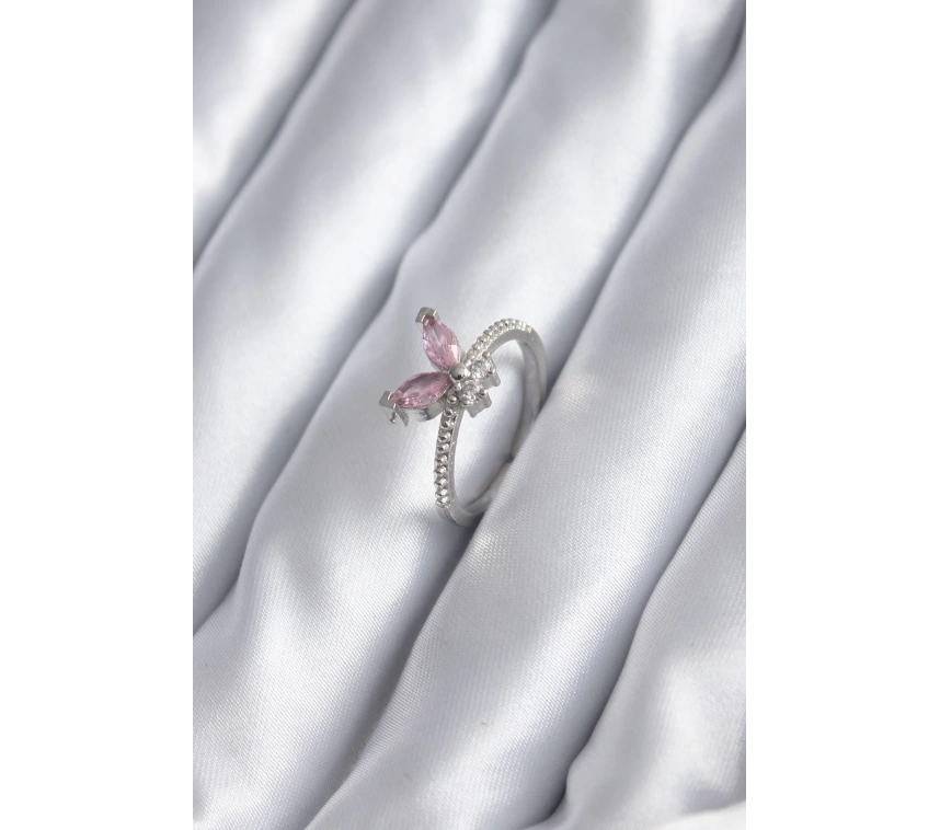 Gümüş Renk Pembe Zirkon Taşlı Kelebek Model Kadın Yüzük