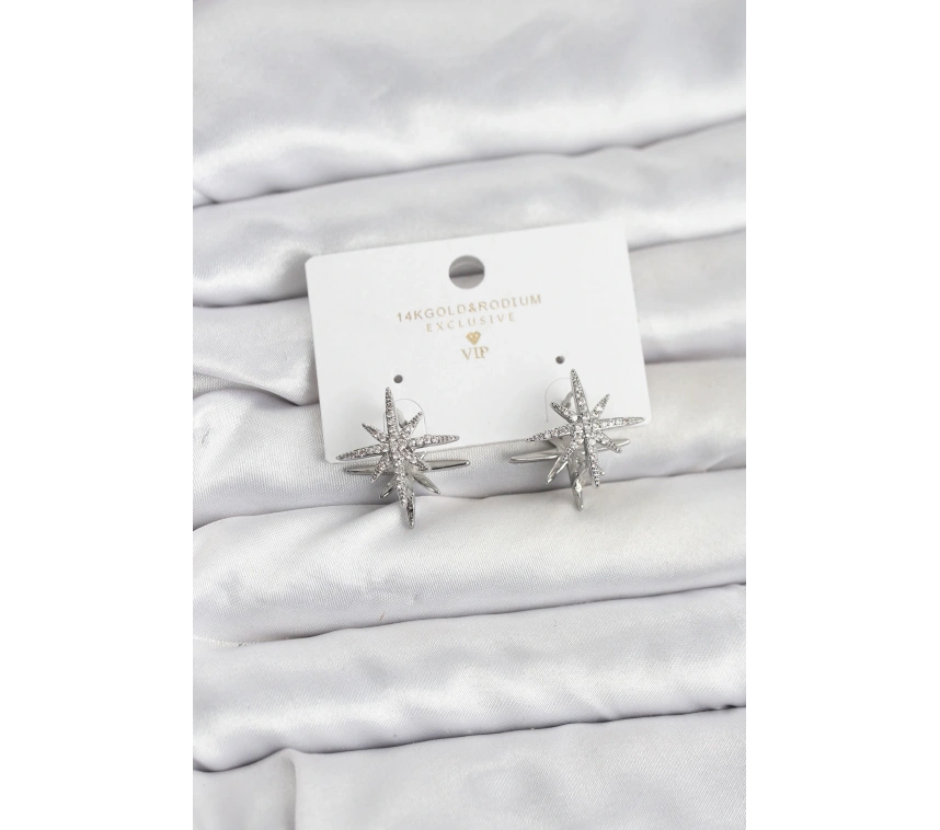 Gümüş Renk Pirinç Çift Taraflı Kutup Yıldızı Kadın Küpe