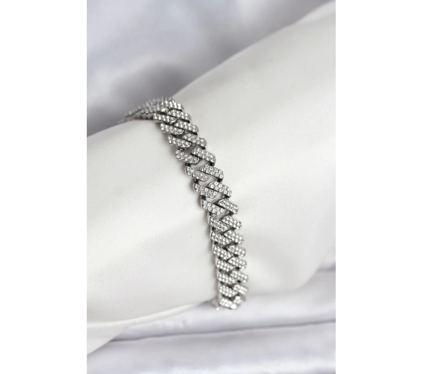 Gümüş Renk Pirinç Cuba Chain Gurmet Bileklik