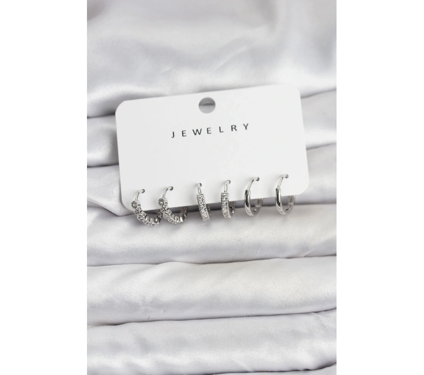 Gümüş Renk Pirinç Zirkon Taşlı Kadın Küpe Seti