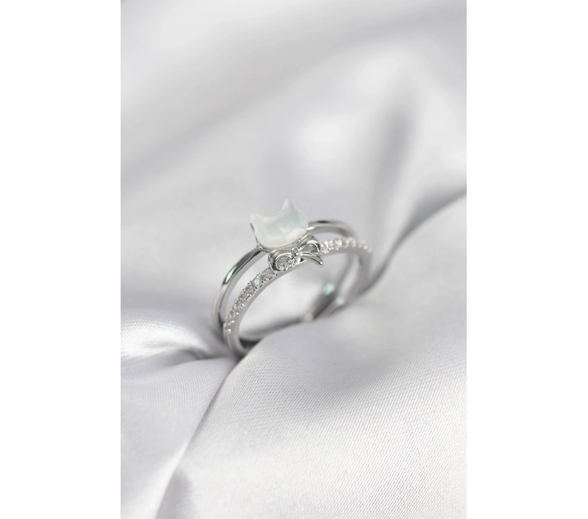 Gümüş Renk Sedefli Kedi Model Fiyonklu Zirkon Taşlı Kadın Yüzük