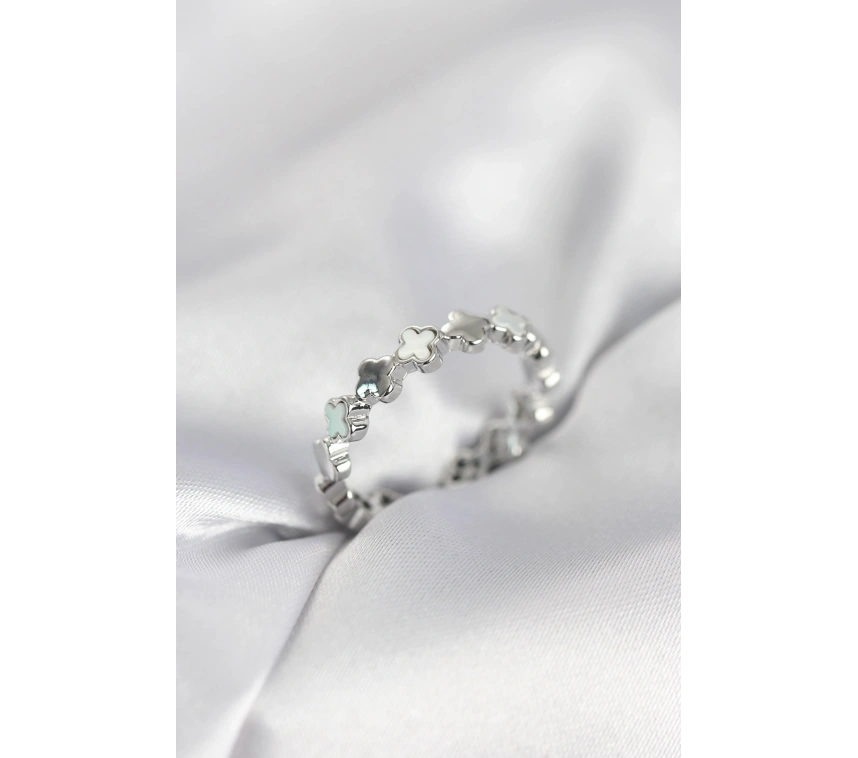 Gümüş Renk Sedefli Yonca Model Kadın Yüzük