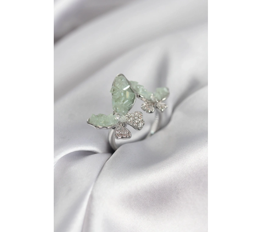 Gümüş Renk Su Yeşili Kelebek Model Zirkon Taşlı Kadın Yüzük