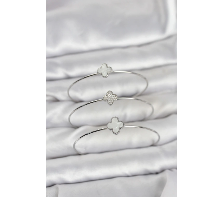 Gümüş Renk Yonca Model Zirkon Taşlı 3lü Kadın Bileklik Kombini