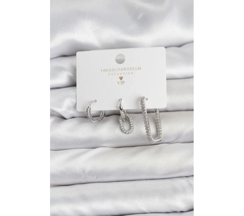 Gümüş Renk Zirkon Taşlı 3lü Kadın Küpe Seti