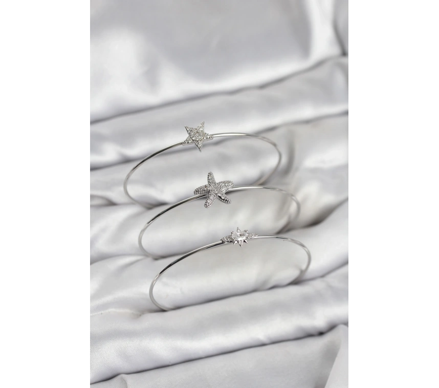 Gümüş Renk Zirkon Taşlı Deniz Yıldızı Model 3lü Kadın Bileklik Kombini