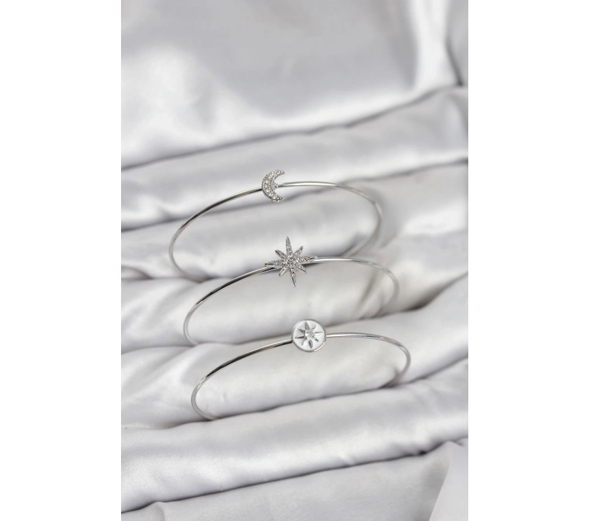 Gümüş Renk Zirkon Taşlı Kutup Yıldızı Model 3lü Kadın Bileklik Kombini