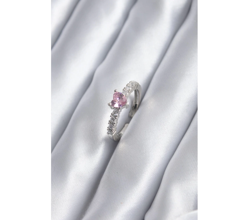 Gümüş Renk Zirkon Taşlı Pembe Kristal Kalp Model Kadın Yüzük
