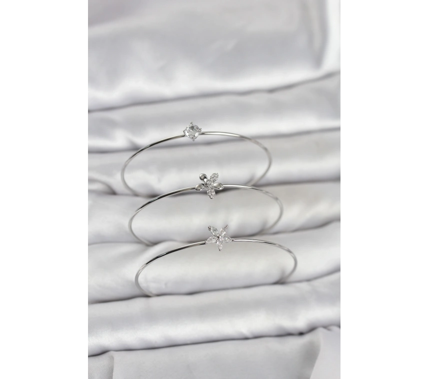 Gümüş Renk Zirkon Taşlı Pirinç 3lü Kadın Bileklik Kombini