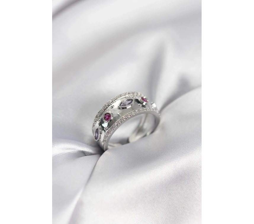 Gümüş Renk Zirkon Taşlı Vintage Kadın Yüzük