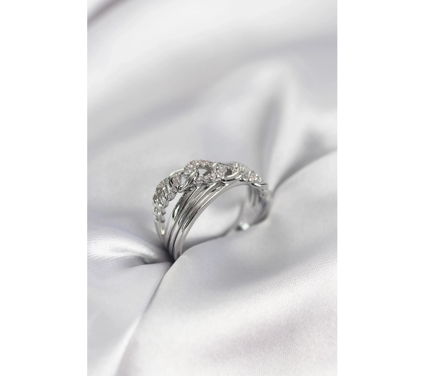 Gümüş Renk Zirkon Taşlı Zincir Model Kadın Yüzük